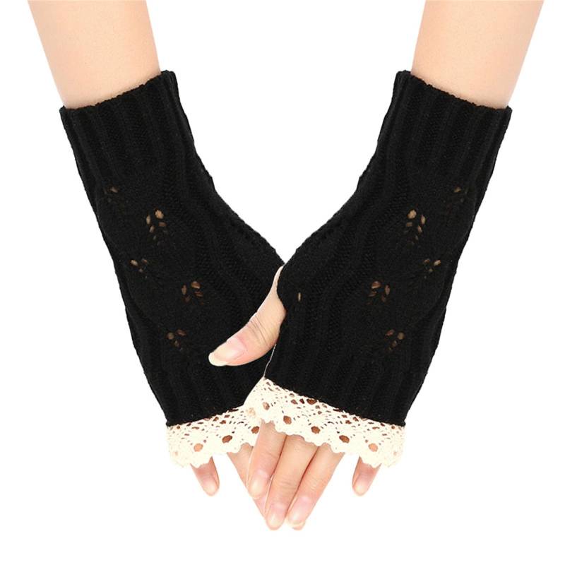 IQYU Kostüm Mädchen Splicing Lace Lace Knitted Acrylic Yarn Hollow Half Finger Gloves Handschuhe Fingerlos Damen (Black, One Size) von IQYU