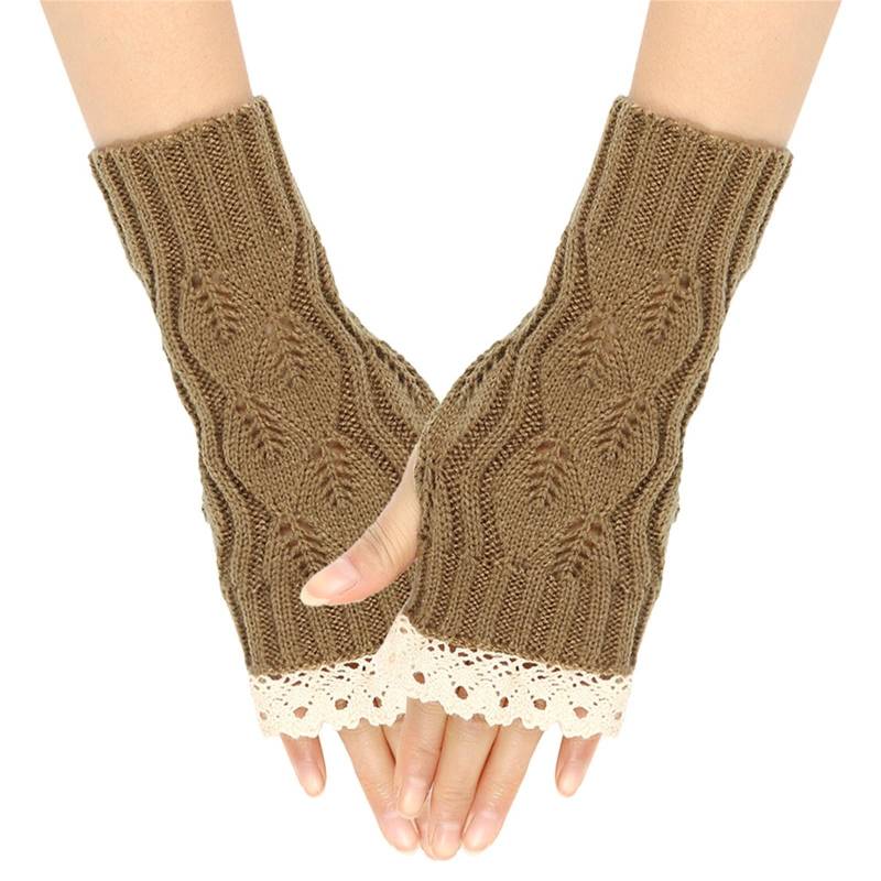 IQYU Kostüm Mädchen Splicing Lace Lace Knitted Acrylic Yarn Hollow Half Finger Gloves Handschuhe Fingerlos Damen (Khaki, One Size) von IQYU