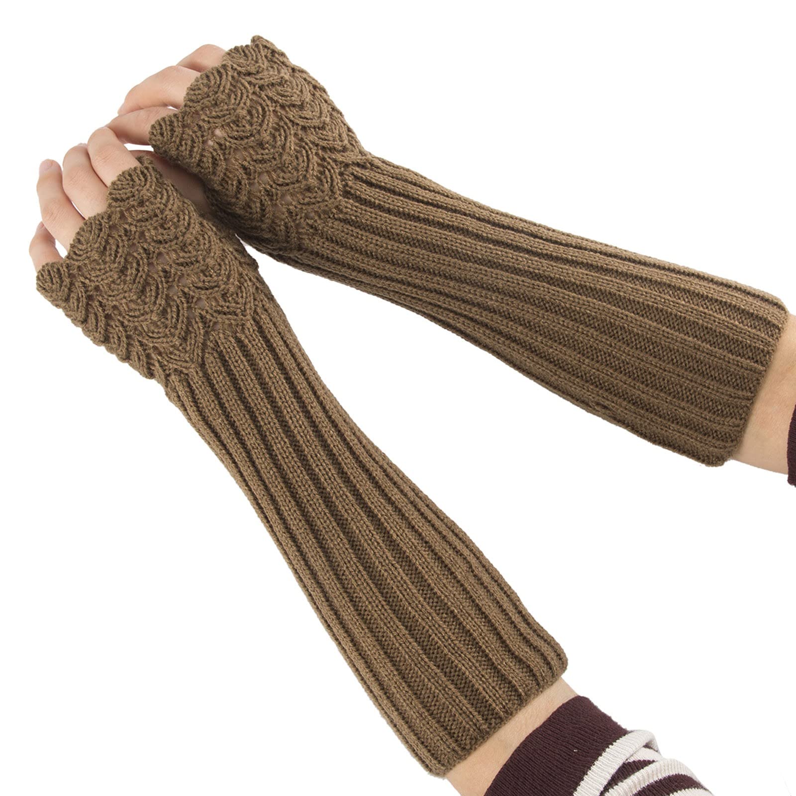 IQYU Kuschelhandschuhe Damen Super lange fingerlose -Handschuhe Fäustlinge Fingerlose Strick-Armwärmer-Ärmel-Fäustlinge Dünne Stoffhandschuhe Mädchen (Khaki, One Size) von IQYU