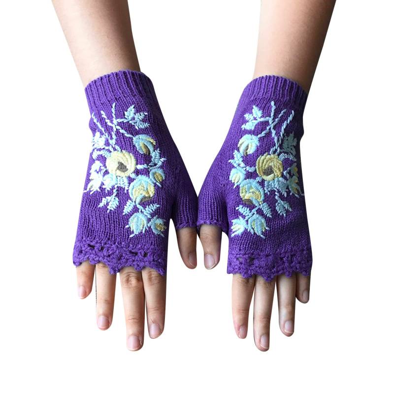 IQYU Lange Lederhandschuhe Damen Ungefüttert Stilvolle Handschuhe Damen Fingerlose Handschuhe Warm Gestrickte Halbe Finger Ärmel Dienstmädchen Kleidung (Purple, One Size) von IQYU