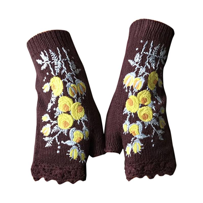 IQYU Schwarze Stoffhandschuhe Damen Strickhandschuhe Blumenhandschuhe Winter warme Handschuhe Handgewebte fingerlose bestickte Handschuhe Armstulpen Damen Schwarz Spitze (Wine, One Size) von IQYU