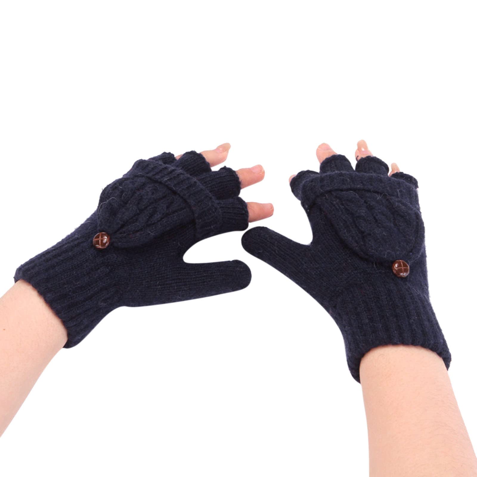 IQYU Set Accessoires Strickknopf Flip süße warme Halbfinger-Handschuhe mit doppeltem Verwendungszweck Federboa Rot (Navy, One Size) von IQYU