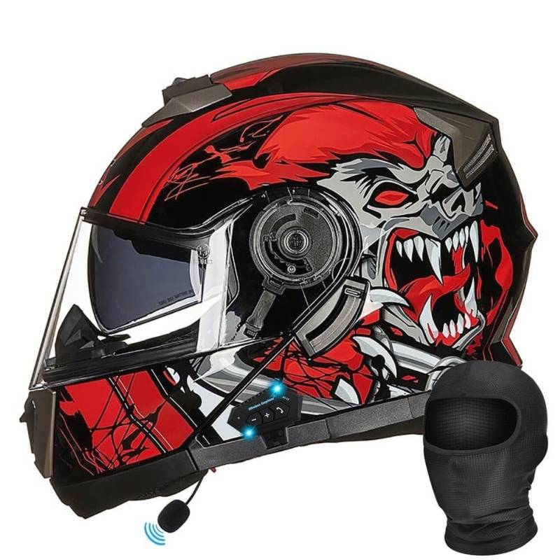 Motorradhelm Bluetooth Klapphelm, mit Bluetooth Integriertem Integralhelm Sonnenblende und Eingebautem Mikrofon ECE-Zertifizierung Roller Motocross Helm Mofa Moped Helm for Herren Damen(4,L 59~60CM) von IRON JF