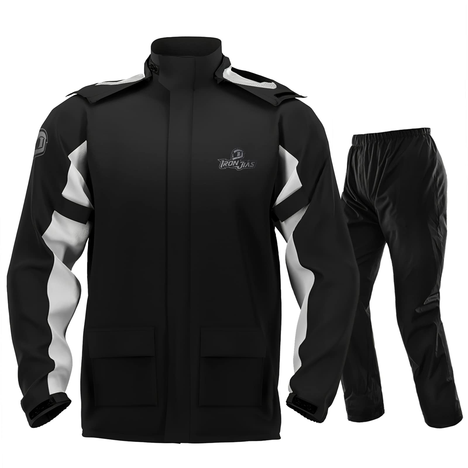 IRON JIA’S Regenanzug Herren Motorrad Regenjacke Wasserdichter Winddicht Atmungsaktiver Reflektierender mit Kapuze mit Reißverschluss Hochwertige Outdoor Regenmantel-Schwarz-L von IRON JIA'S