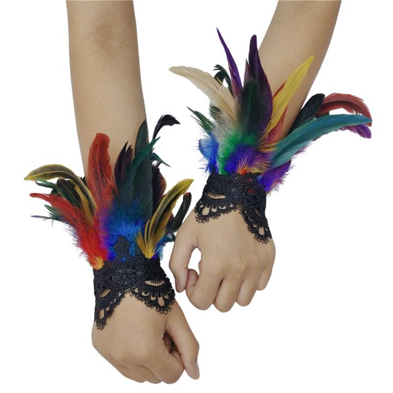 ISAKEN Feder Spitze Handschuhe, Frauen Feder Handgelenk Gothic Mesh Armbänder Karneval Kostüme Dekorative Federärmel für Halloween karneval Gotische Kleiderparty von ISAKEN