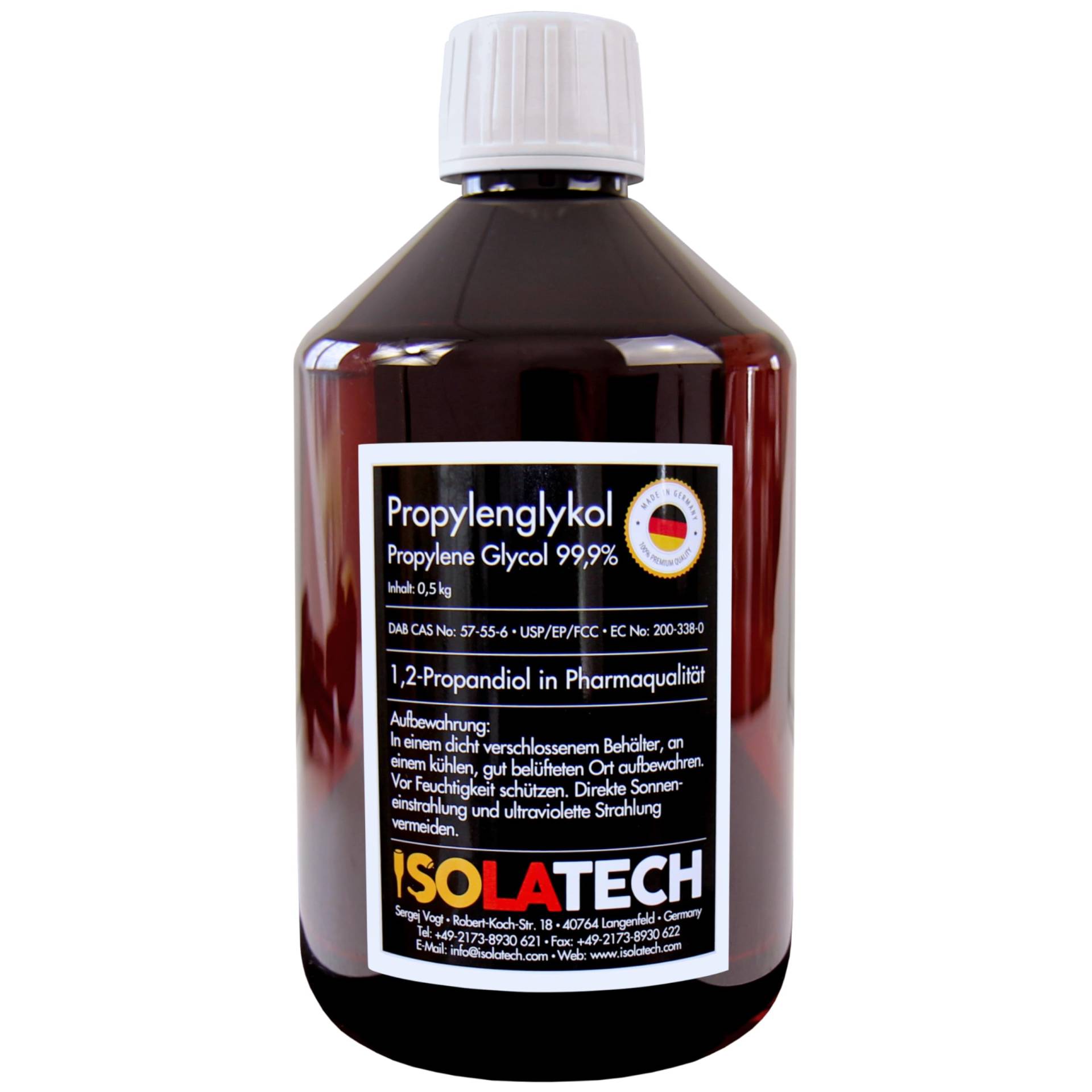 ISOLATECH 1,2 Propandiol Propylenglykol 0,5L-Flasche Propylenglykol 99,9% in Pharmaqualität (Inhalt 0,5kg) von ISOLATECH