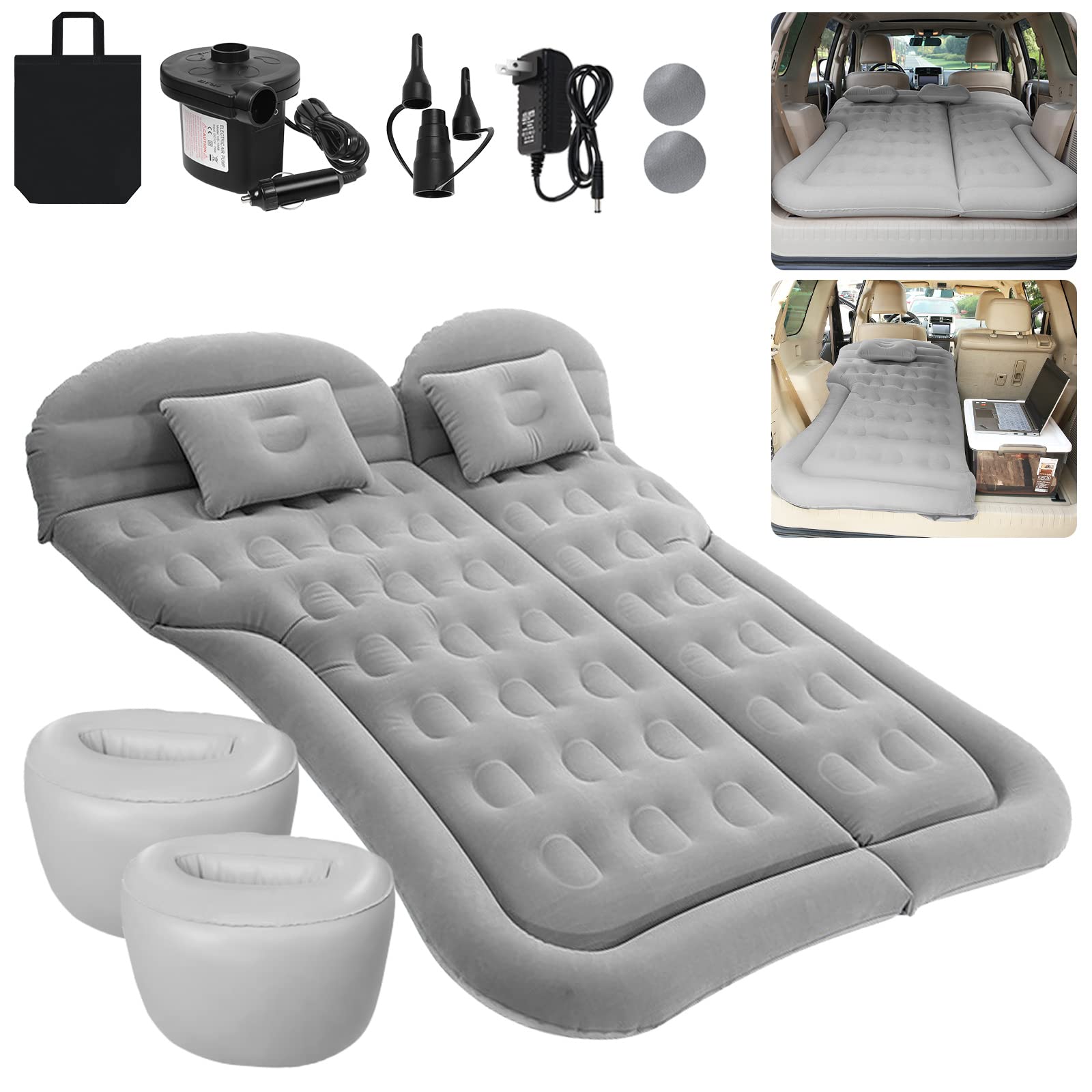 ISWEES SUV Luftmatratze Auto Camping Reisebett, Verdickte Aufblasbare Matratze mit Zwei Luftkissen und Auto Luftpumpe, Beflockung & PVC Oberfläche, Camping Isomatte (Grau) von ISWEES