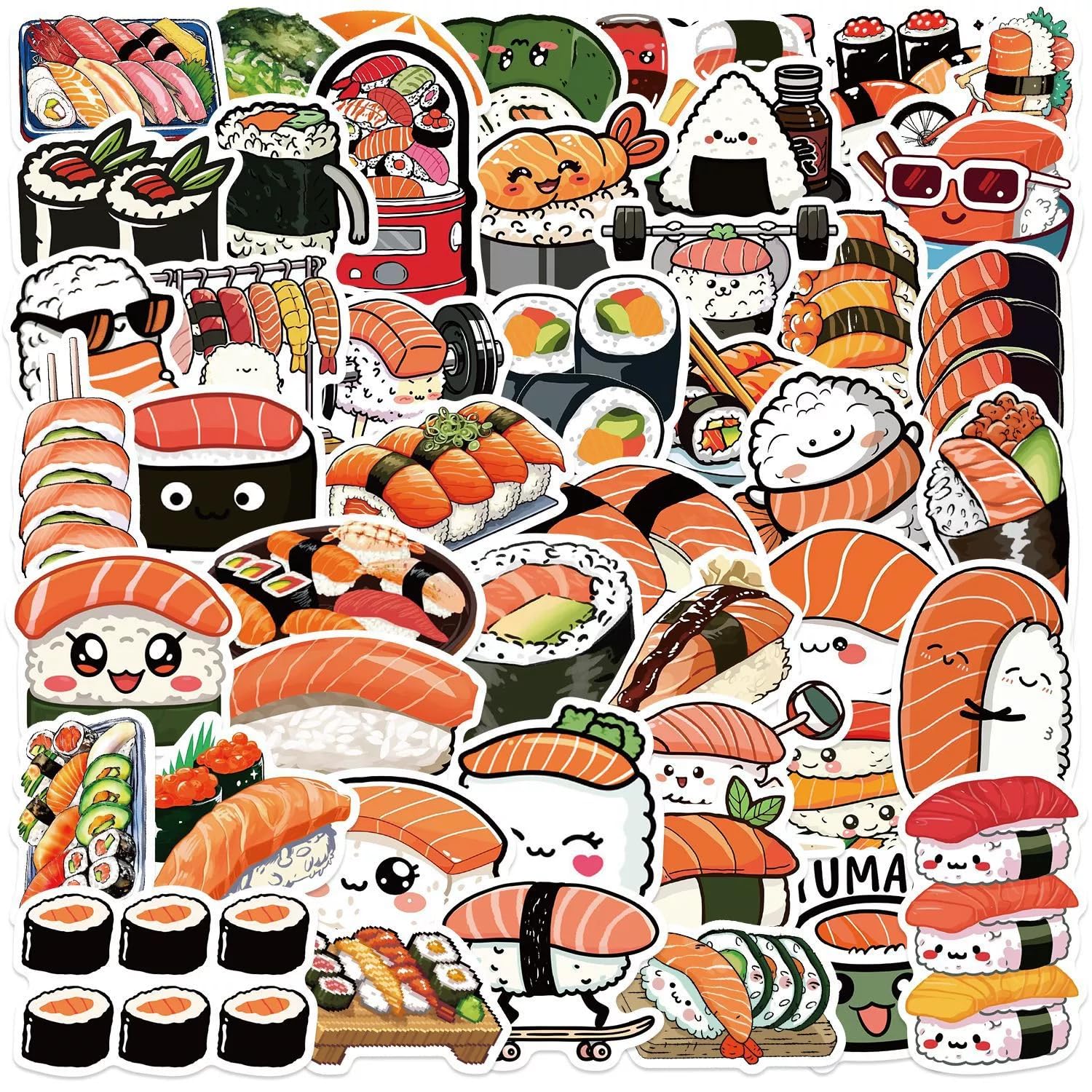 ITOMUFD Sushi Aufkleber für Jugendliche Erwachsene 50 Stück Süßes Sushi Wasserfeste Vinyl Sticker Set Auto Motorräder Fahrrad Skateboard Snowboard Gepäck Laptop Koffer Helm Motorrad Computer von ITOMUFD