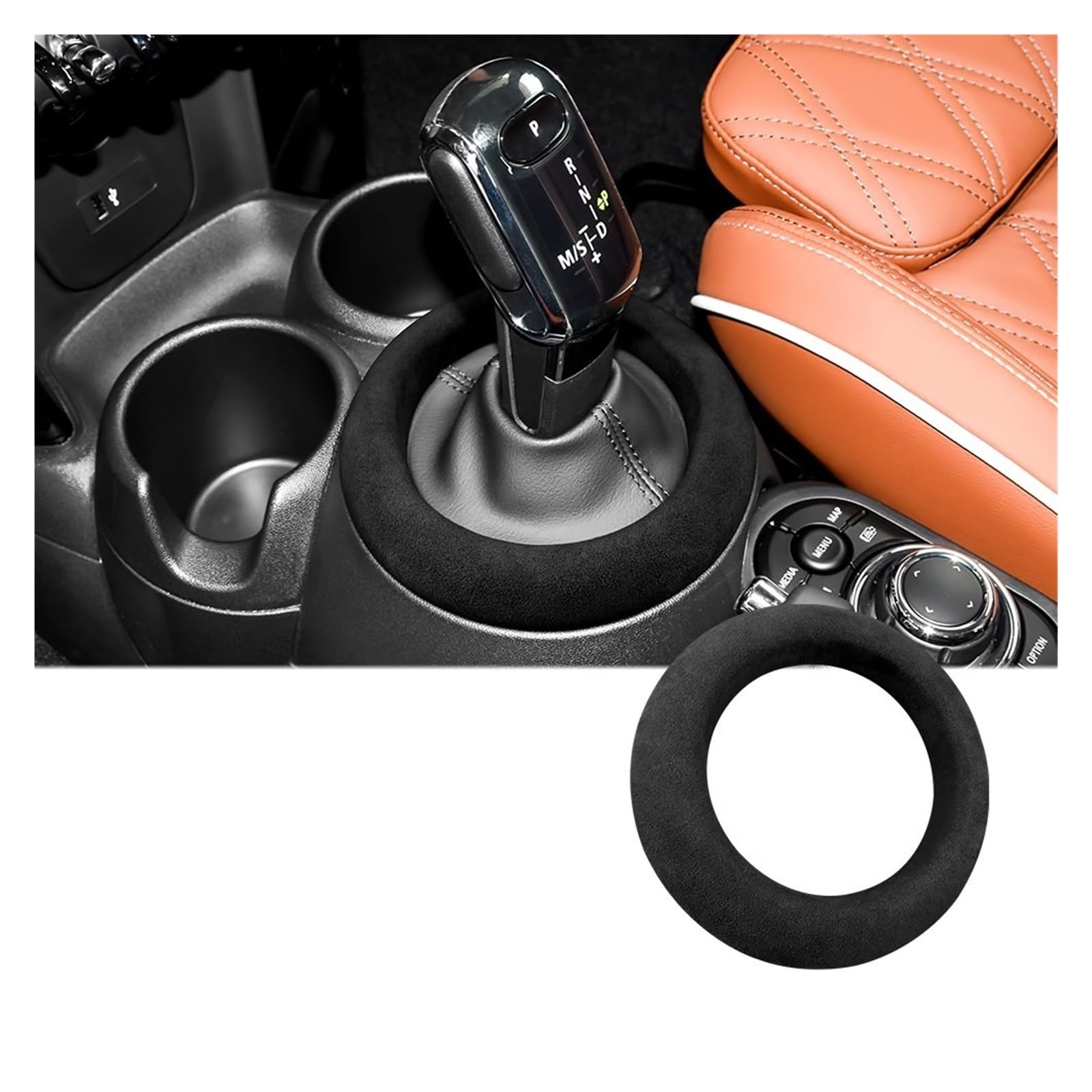 Auto Interieur Zubehör Für Mini F54 F55 F56 F57 F60 2014-2022 Leder Auto Schalthebel Shift Panel Ring Abdeckung Innenverkleidung Auto Innenraum(Schwarz) von IUKMR