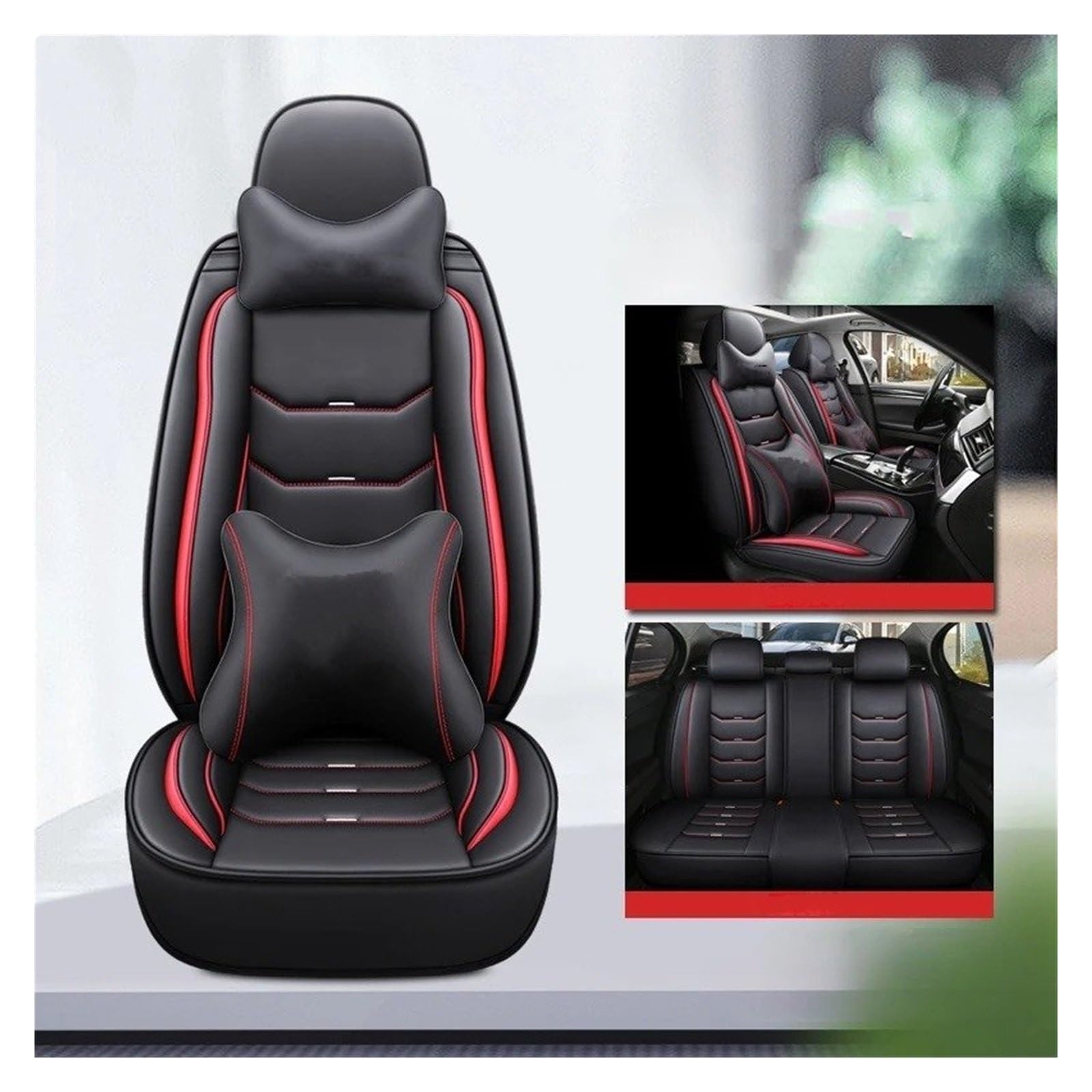 IUKMR Sitzbezüge Auto Für Chevrolet Für Rveo Für Menlo Für Cavalier Für Cruze Für Monza Für Sail Für Malibu XL Universeller Autositzbezug Aus Leder Sitzbezüge Auto Set(B-Black red 5seat) von IUKMR