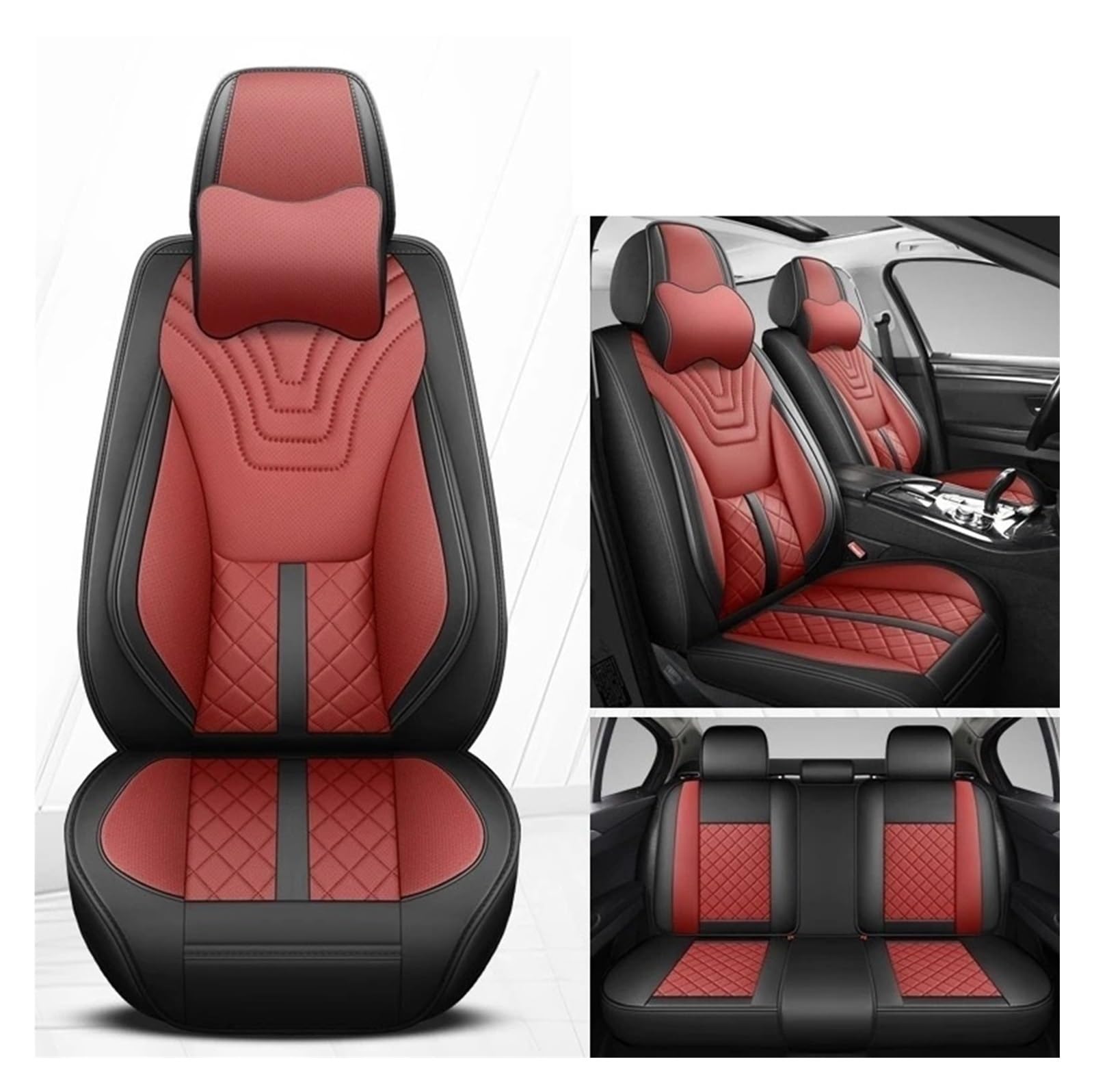 IUKMR Sitzbezüge Auto Für Daewoo Für Matiz Für Nexia Für Für Kalos Für Evanda Für Magnus Für REXTON Universeller Autositzbezug Aus Leder Sitzbezüge Auto Set(Black red Pillow) von IUKMR