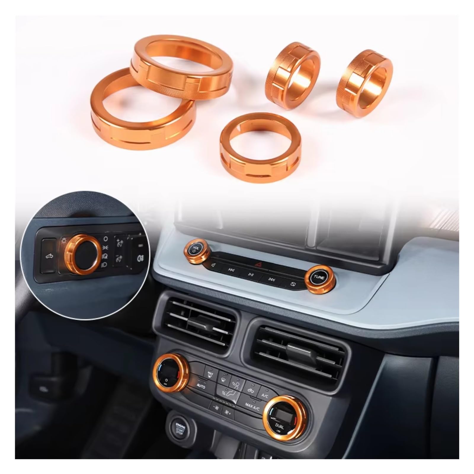 Innenzubehör Für Ford Für Maverick 2022-2024 XL Für XLT Für Kit 5 stücke Aluminium Center Konsole Volumen Knopf Ring abdeckung Auto Zierleiste(Orange 5PCS) von IUKMRT