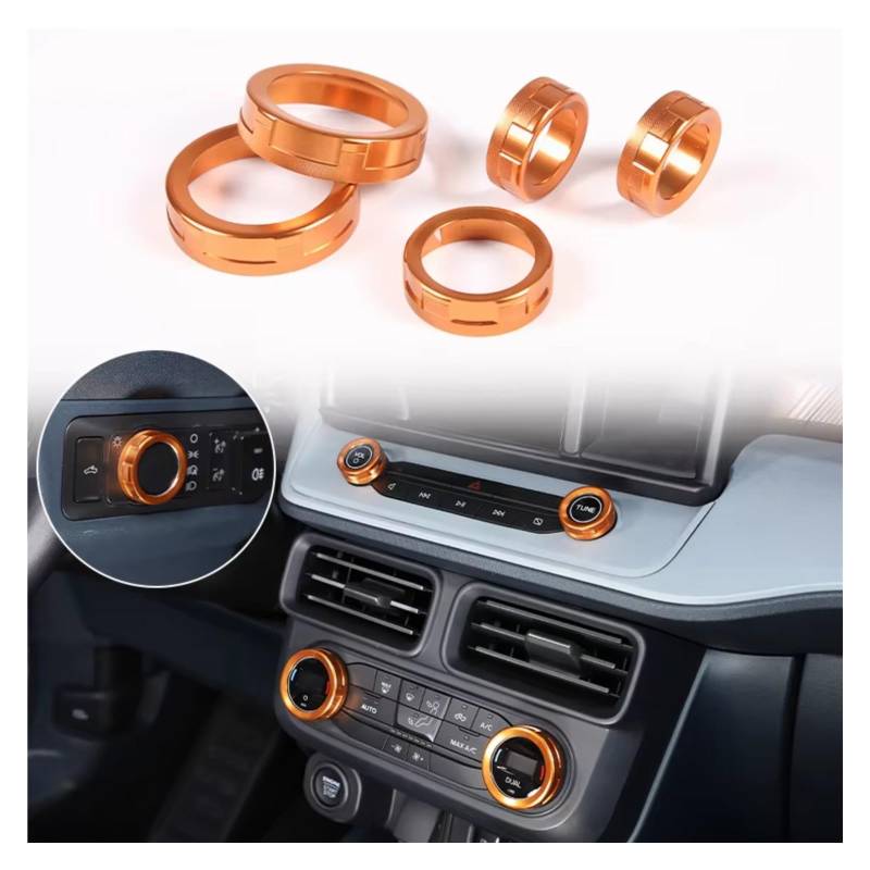 Innenzubehör Für Ford Für Maverick 2022-2024 XL Für XLT Für Kit 5 stücke Aluminium Center Konsole Volumen Knopf Ring abdeckung Auto Zierleiste(Orange 5PCS) von IUKMRT