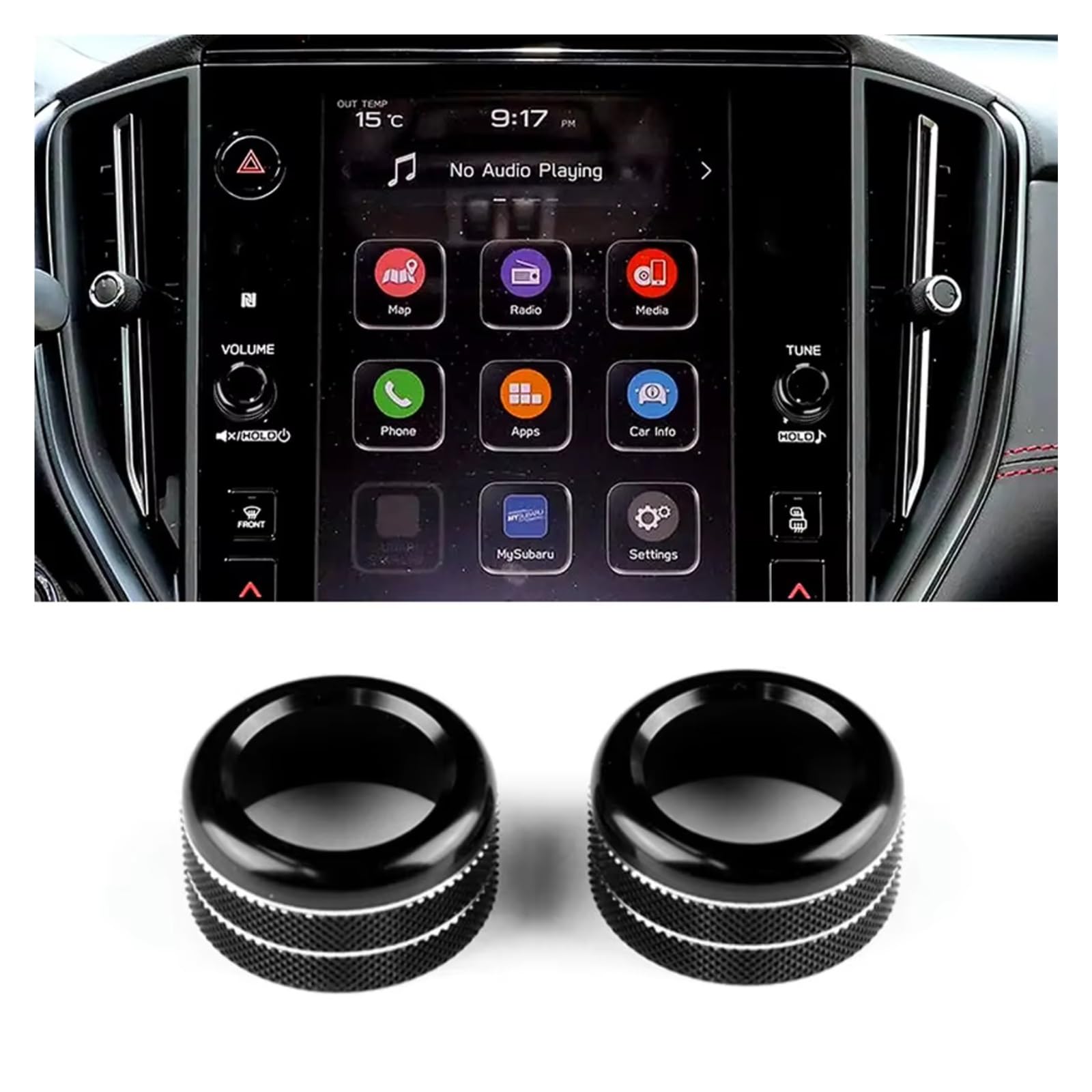 Innenzubehör Für Subaru Für Crosstrek 2024 Auto Sound Audio Volumen Knob Knopf Hinten Spiegel Control Knob Ring Trim Innen Ring Auto Zierleiste(2Pcs Volume Black) von IUKMRT