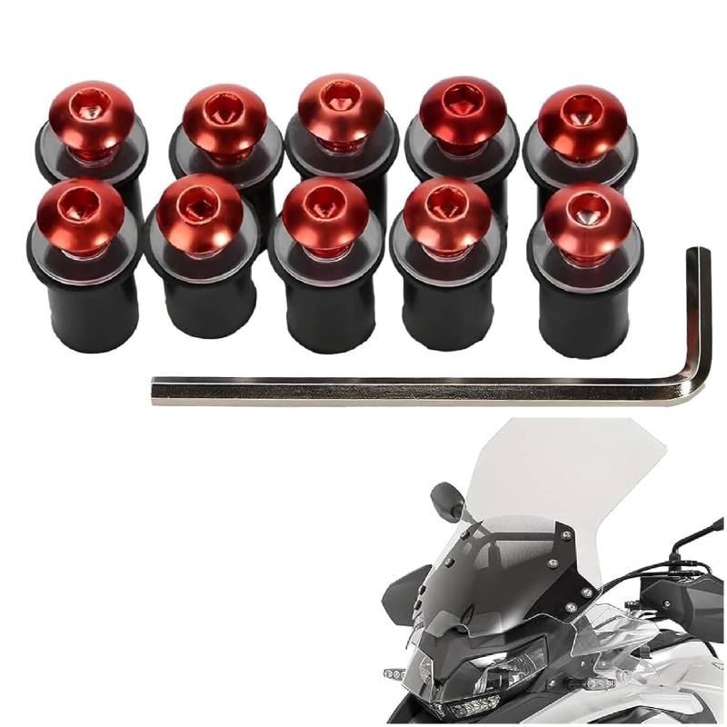 IUSOT 10 Stück M5 x 16mm Motorrad Windschutzscheiben Bolzen, Aluminium Verkleidungsschrauben für Windschild Befestigung, mit Schraubenschlüssel, Motorrad Windschild Befestigung Schrauben(Rot) von IUSOT