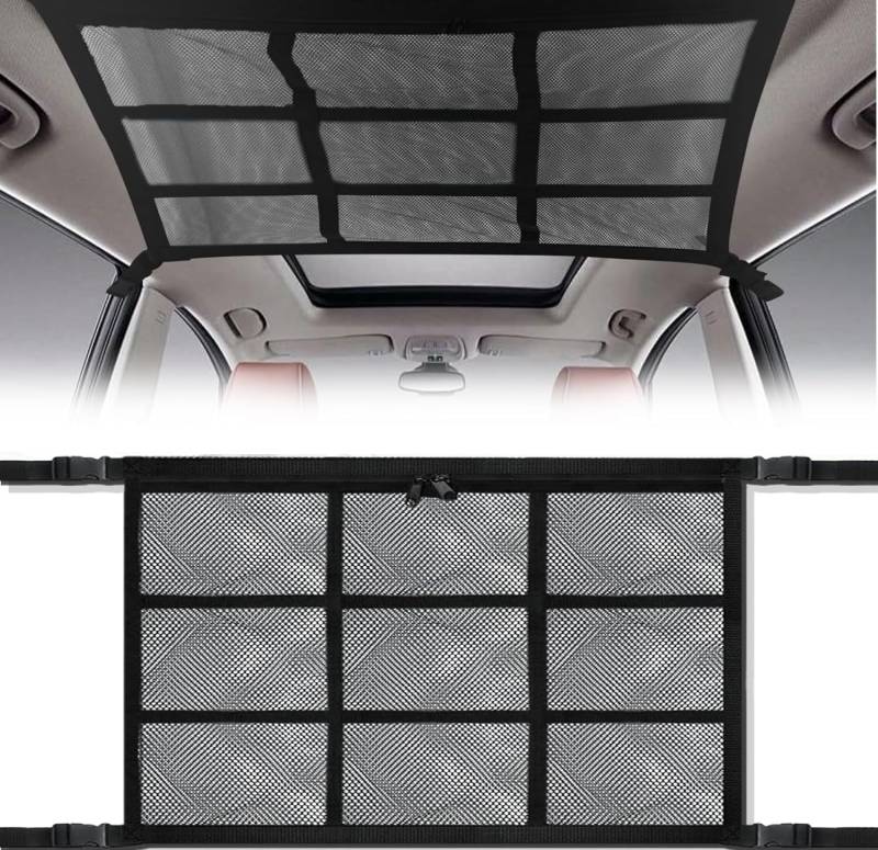 IUSOT Gepäcknetz Auto, Doppelschichtiges Aufbewahrungsnetz 90x65cm, Mit Reißverschlusstasche und 9 Fächern, Universal Gepäcknetz für SUV, Van und Wohnmobile, Ideal für Offroad Zubehör und Reisen von IUSOT