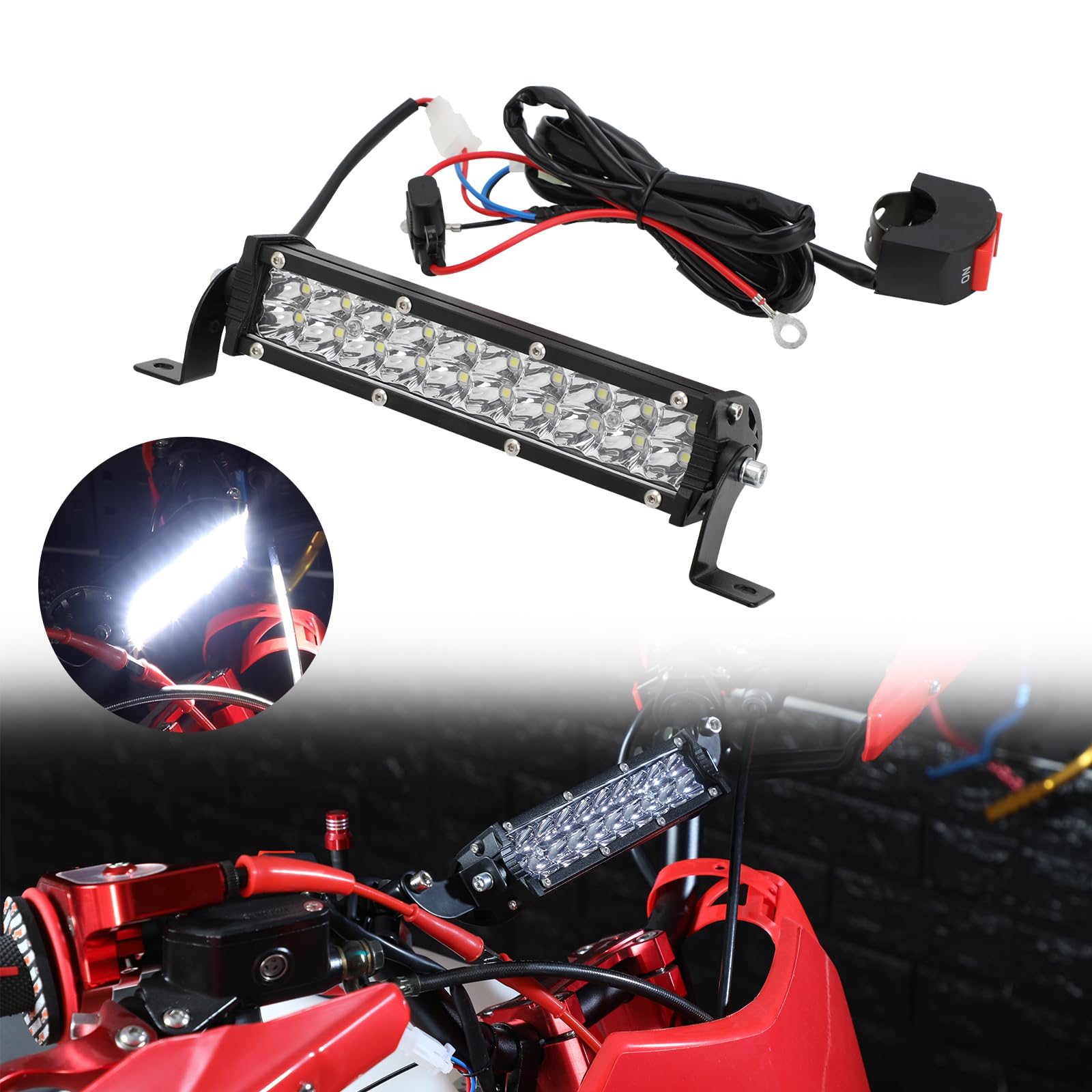 IUVWISN Dirt Bike Light Bar LED Scheinwerfer 60W 2500LM Plug-Play Light Bar Kit Universal für 7/8 Zoll Lenker YZ125 YZ250 CRF230F CRF250R KLX110 RM125 TTR110 Motocross von IUVWISN