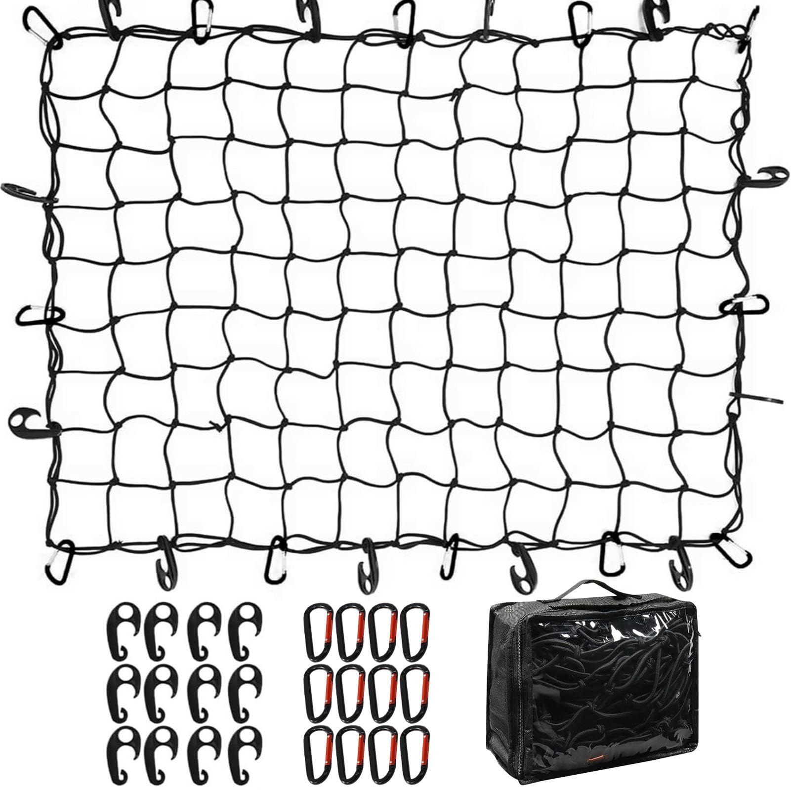 Idezek Gepäcknetz für Pickup-Ladefläche, LKW-Ladeflächennetz,Dehnbares Mesh-Frachtnetz - Dachträgernetz mit 12 Metallkarabinern, Mesh-Frachtnetz, Gumminetz, 5,9 x 3,9 Fuß, LKW-Ladeflächen-Zubehör von Idezek