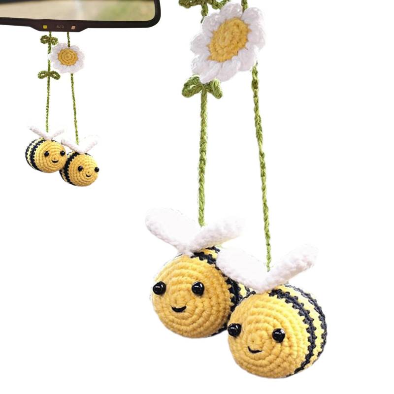 Idezek Hase Gehäkeltes Bienenauto, Häschen-Bienen-Auto-Dekor - Häkeln Sie eine hübsche Bienentaschenverzierung,Gewebter Bienen-Rückspiegel-Glasanhänger, einzigartige und charmante Fahrzeugdekoration von Idezek