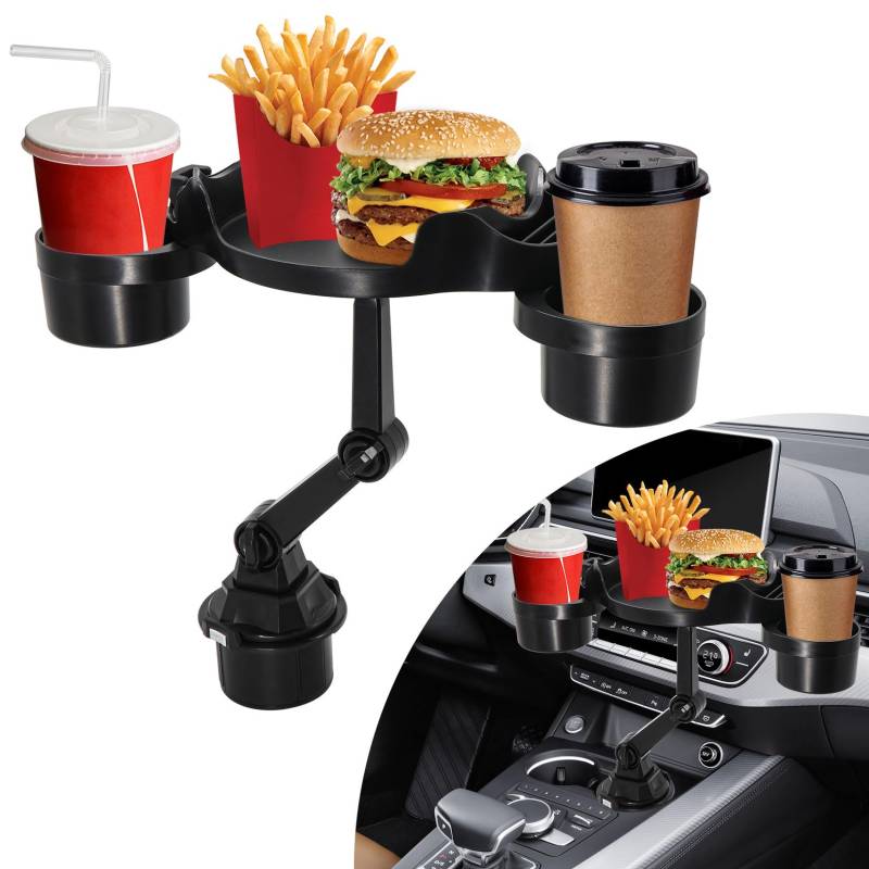 Idota Auto Getränkehalter Tisch mit Handyhalter, 3 in 1 Getränkehalter Auto Verlängerung 360° Verstellbares Becherhalter Auto Multifunktionstisch mit Antirutschmatte für Frites/Burger/Geldbörsen von Idota