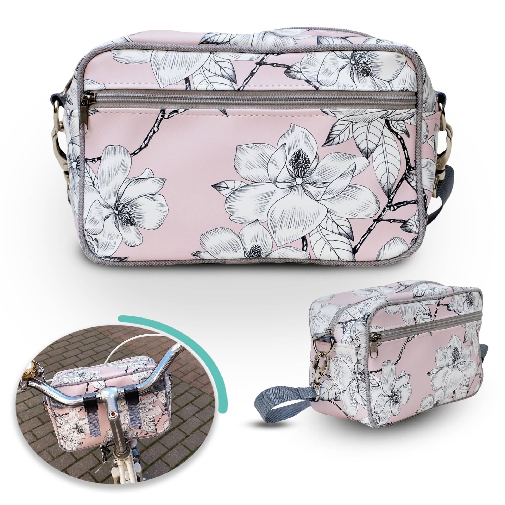 Lenkertasche Fahrradtasche aus bedruckter Plane, mit abnehmbarem Schultergurt, für Frauen Wasserdicht Bike Bag - Design Magnolia von Ikuri