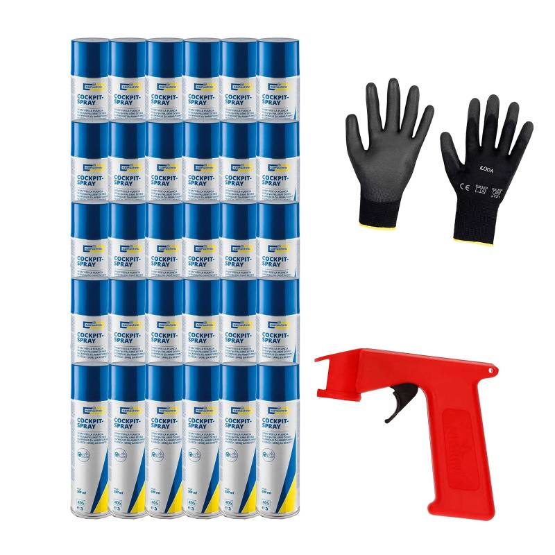 Iloda® Schutzhandschuhe + Sprüh-Pistolengriff (rot oder schwarz) + 30x 300ml cartechnic Cockpit-Spray von Iloda