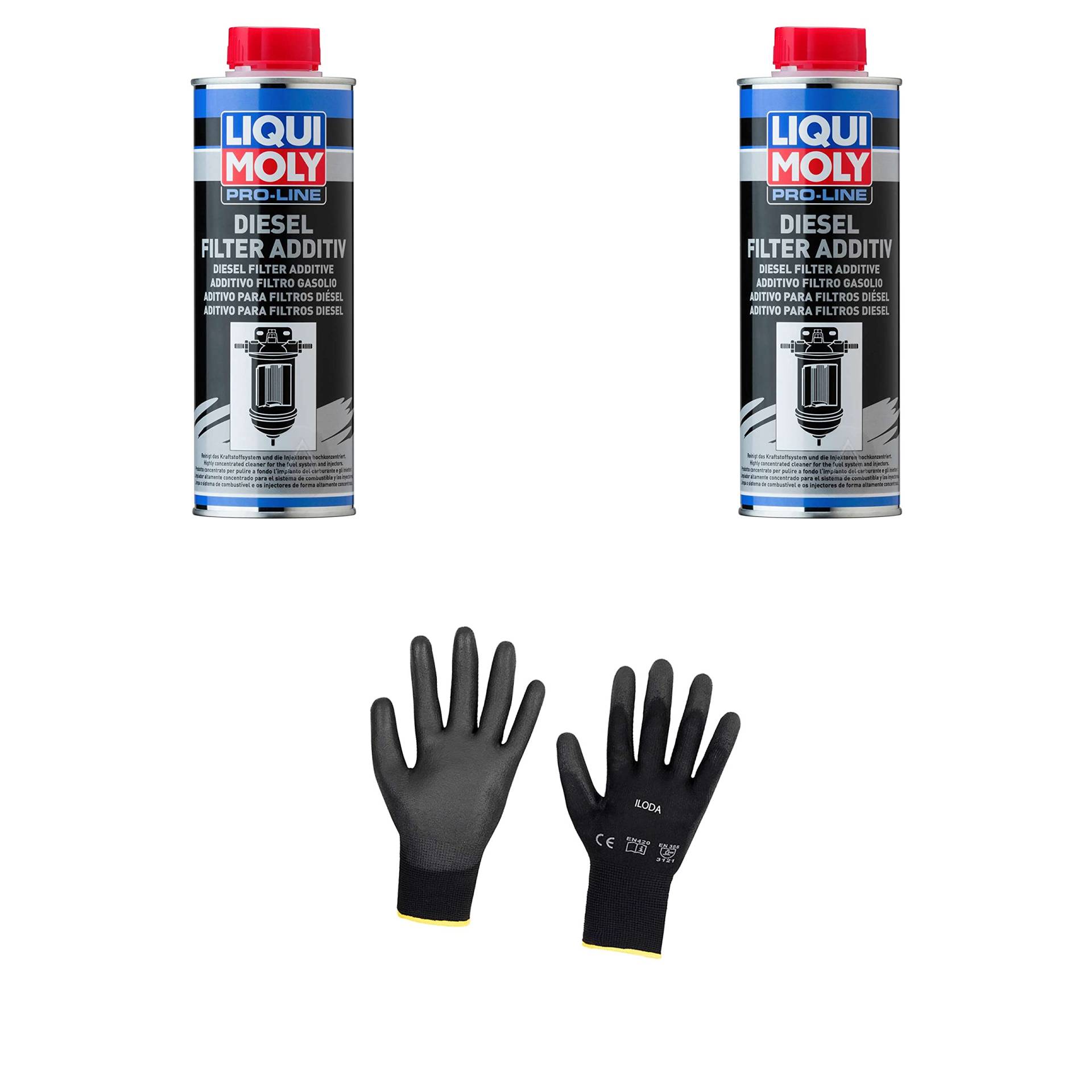 Iloda 2xOriginal Liqui Moly 500ml Pro-Line Dieselfilter Additiv 20790 Schutzhandschuhe von Iloda