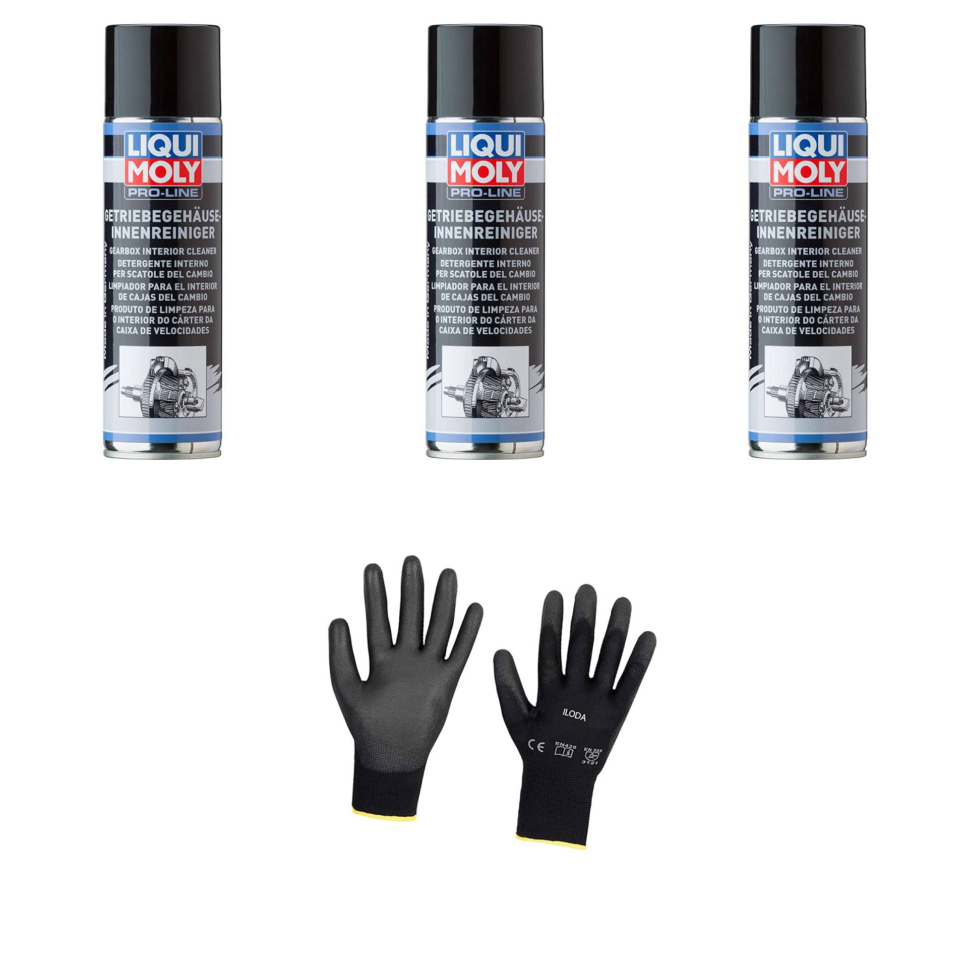 Iloda 3xOriginal Liqui Moly 500ml Pro-Line Getriebegehäuseinnenreiniger Cleaner 5188 Schutzhandschuhe von Iloda