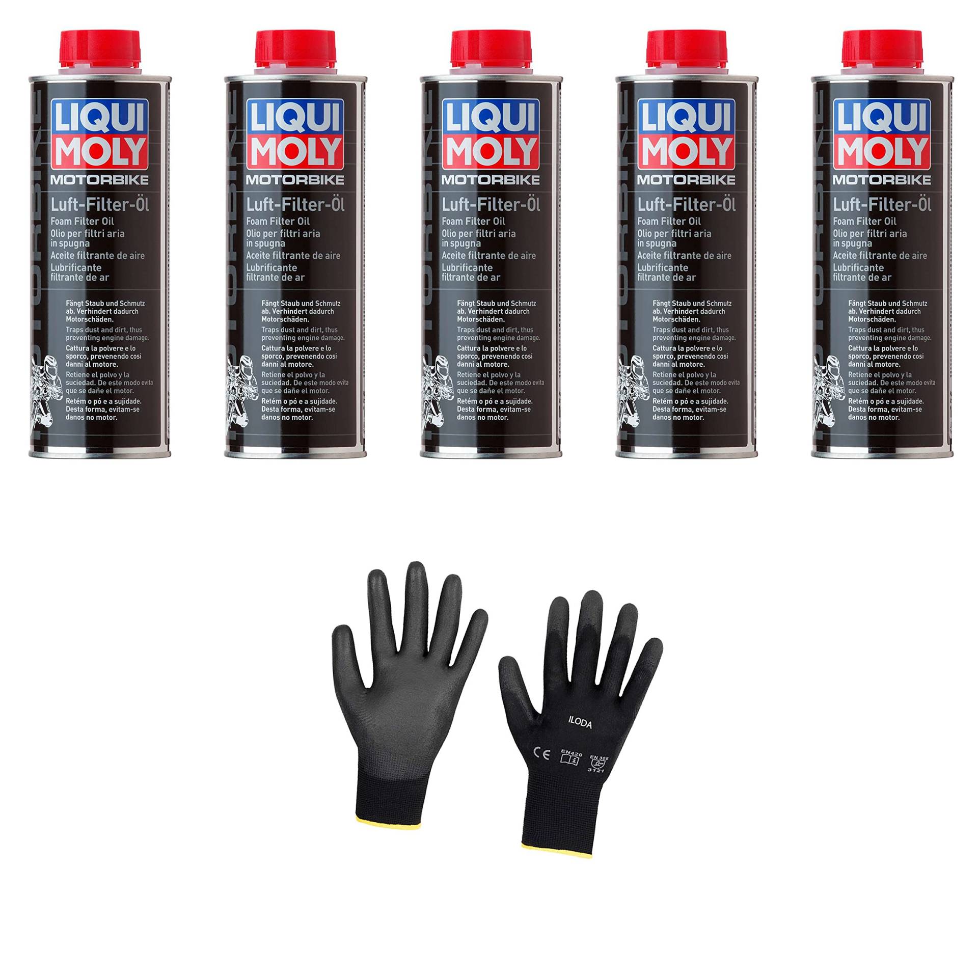 Iloda 5xOriginal Liqui Moly 500ml Motorbike Luftfilteröl 1625 Schutzhandschuhe von Iloda