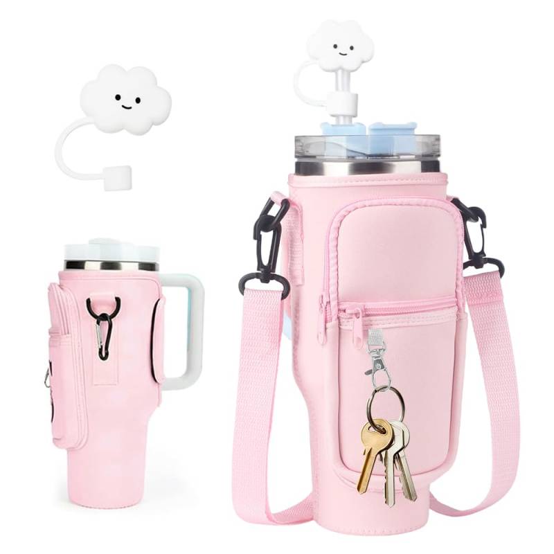 Infreecs Wasserflaschen Tragetasche für Stanley Becher, 40 OZ Wasserflasche Carrier Bag mit Strohhülle, Handytasche und Verstellbar Schultergurt mit Griff für Stanley Cup Zubehör (Rosa) von Infreecs