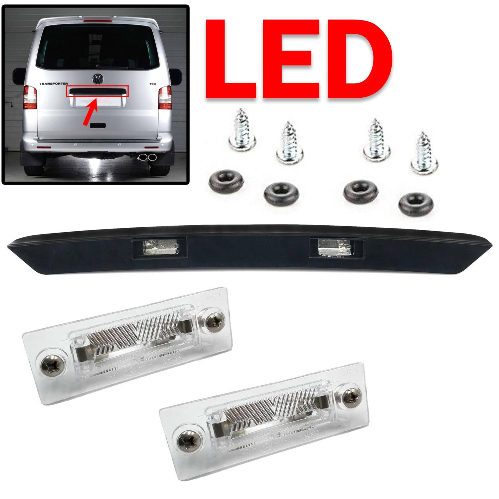 INLY Heckklappe Griffleiste Abdeckung Blende + 2 Tlg Led Kennzeichenleuchten kompatibel mit Volkswagen Transporter T5 7H0827329 7H0 827 329 3B5998026 3B5998026A (2003-2015) von Inly Parts