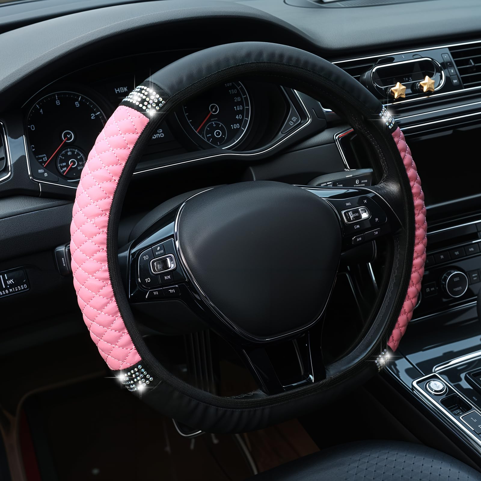 Auto-Lenkradbezug, Bling Leder Lenkradabdeckung Farbe Diamantbesetzte, Universal Elastisches Autolenkradzubehör mit Strasssteinen für Frauen und MäDchen, Autoinnenausstattung (Pink) von InnoHHustle