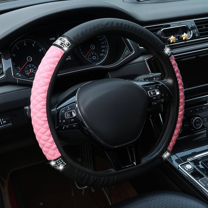 Bling Auto-Lenkradbezug, Leder Bestickte Farbe Diamantbesetzte Lederlenkradschutz, Universal Elastisches Autolenkradzubehör mit Strasssteinen für Frauen und MäDchen, Autoinnenausstattung (Pink) von InnoHHustle