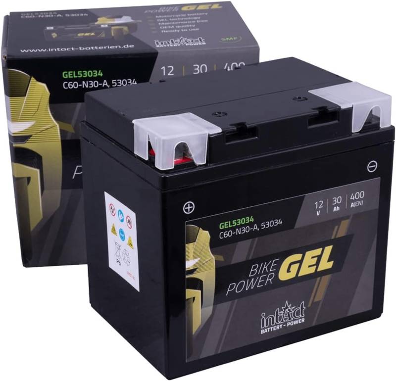 intAct - GEL MOTORRADBATTERIE | Batterie mit +30% Startleistung. Für Roller, Motorrad, Quad, Rasentraktor | Bike-Power GEL53034, C60-N30-A, 53034, 12V Batterie, 30 AH (c20), 400 A (EN) | Maße: 178x124x166mm von Intact