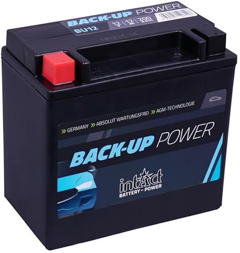 intAct AGM Zusatzbatterie 12V 12Ah 200A | Backup-Power BU12 | Stützbatterie für PKW | Maße: 150x87x145 mm | Pluspol links von Intact