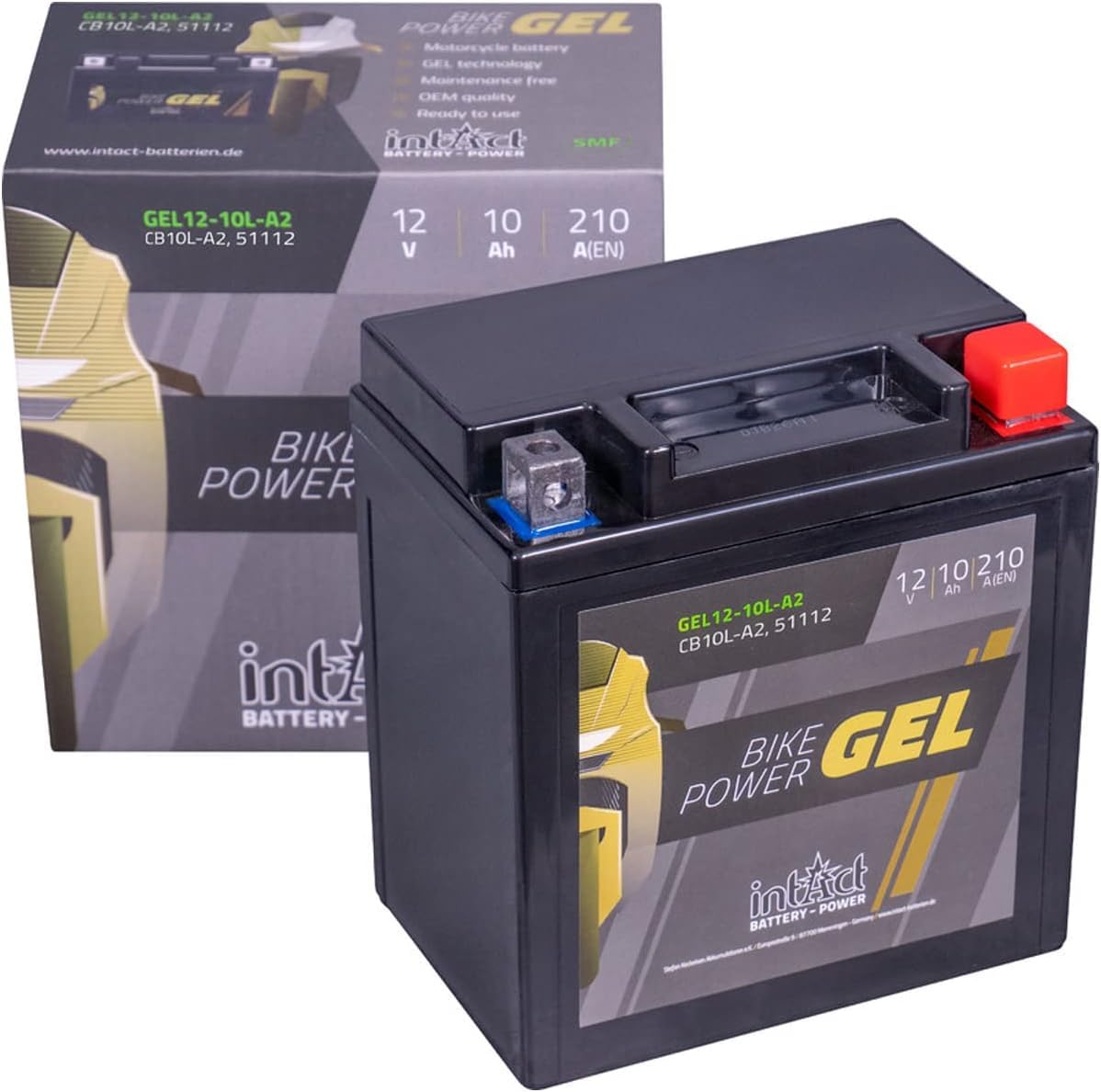 intAct - GEL MOTORRADBATTERIE | Batterie mit +30% Startleistung. Für Roller, Motorrad, Quad, Rasentraktor | Bike-Power GEL12-10L-A2, CB10L-A2, 12V Batterie, 10 AH (c20), 210 A (EN) | Maße: 136x91x146mm von Intact