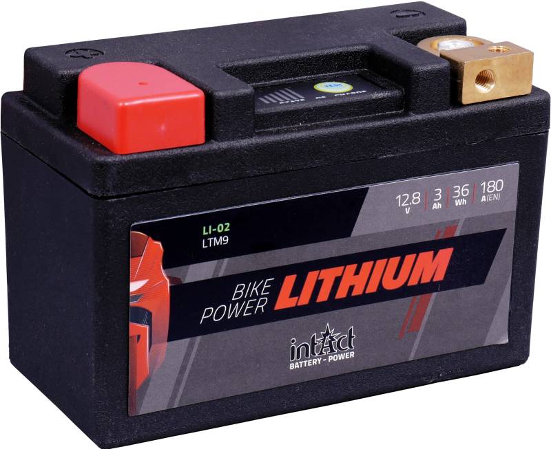 intAct - LITHIUM MOTORRADBATTERIE | Batterie für Roller, Motorrad, Quads. Bis zu 75% Gewichtseinsparung | Bike-Power LI-02, LTM9, 12,8V Batterie, 3 AH (c10), 36 Wh, 180 A (CCA) | Maße: 134x65x92mm von Intact