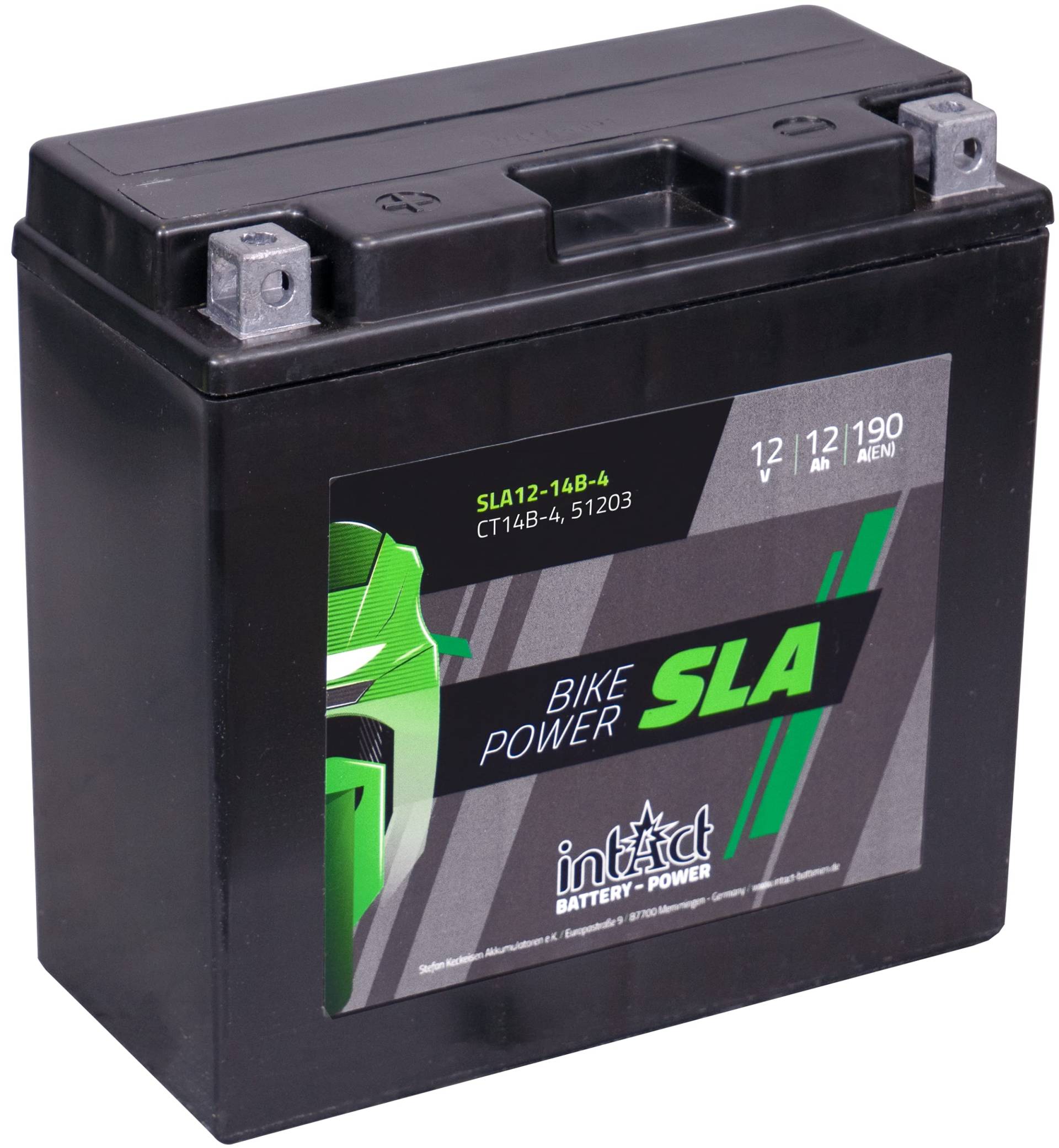 intAct - AGM MOTORRADBATTERIE | Batterie für Roller, Motorrad, Quad. Wartungsfreier & auslaufsicherer Akku | SLA12-14B-4, CT14B-4, 12V Batterie, 12 AH (c20), 190 A (EN) | Maße: 150x69x145mm von Intact