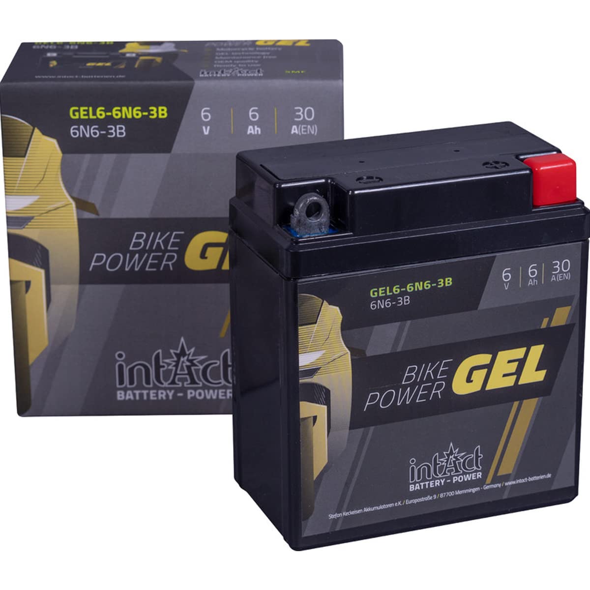 intAct - Bike-PowerGEL6-6N6-3B, 6N6-3B, Motorradbatterie 6 V 6 Ah 30 A (EN), Wartungsfreie Gel Motorradbatterie mit 30% mehr Startleistung, für Roller, Motorrad, Quad, Rasentraktor von Intact