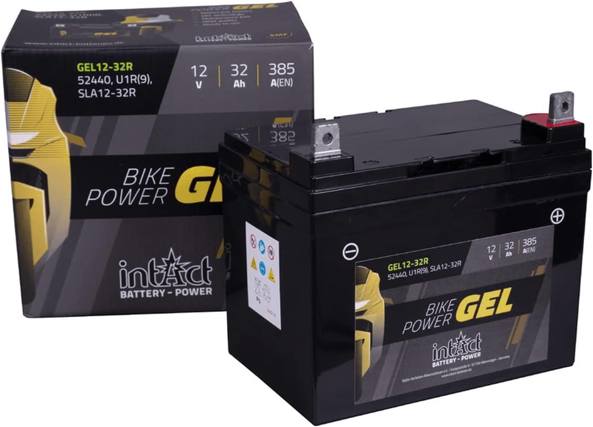 intAct - GEL MOTORRADBATTERIE | Batterie mit +30% Startleistung. Für Roller, Motorrad, Quad, Rasentraktor | Bike-Power GEL12-32R, U1R(9), 12V Batterie, 32 AH (c20), 385 A (EN) | Maße: 196x130x184mm von Intact