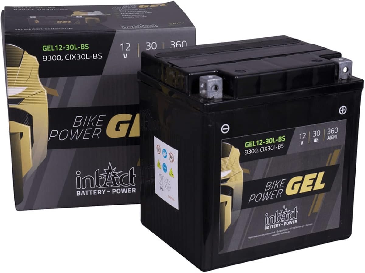 intAct - GEL MOTORRADBATTERIE Bike-Power GEL12-30L-BS. Ersetzt YIX30HL-BS, YIX30L, YIX30L-BS, YIX30L-PW, YB30L-B, GYZ32HL. Motorradbatterie 12V 30Ah 360A. Maße: 169x131x174mm von Intact