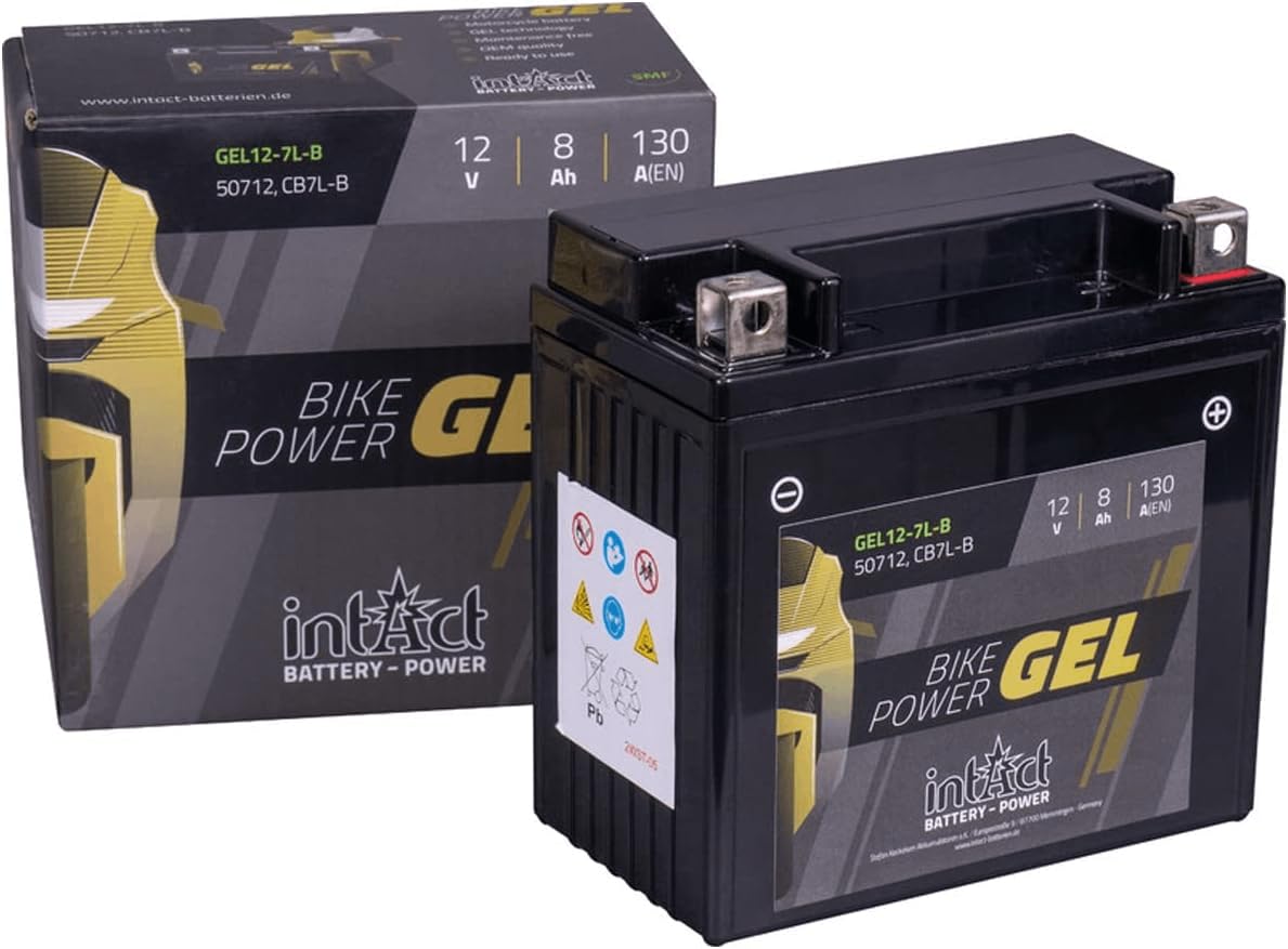 intAct - GEL MOTORRADBATTERIE Bike-Power GEL12-7L-B. Ersetzt YB7L-B. Motorradbatterie 12V 8Ah 130A. Maße: 137x76x134mm. Mit bis zu 30% mehr Startleistung. von Intact