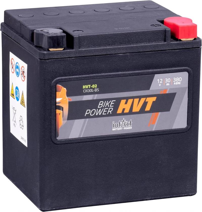 intAct - HVT MOTORRADBATTERIE | Batterie für Roller, Motorrad, Rasentraktor. Wartungsfreier & auslaufsicherer Akku. | HVT-02, CIX30L-BS, 66010-97A, 12V Batterie, 30 AH (c20), 380 A (EN) | Maße: 169x131x174mm von Intact