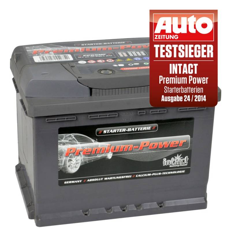 intAct Premium-Power PP65MF, 30% mehr Startleistung, wartungsfreie Autobatterie 12V 65Ah 640 A (EN), Schaltung 0 (Pluspol rechts), Maße (LxBxH): 242x175x190mm von Intact