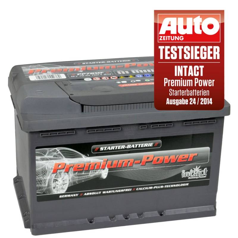 intAct Premium-Power PP78MF, 30% mehr Startleistung, wartungsfreie Autobatterie 12V 78Ah 760 A (EN), Schaltung 0 (Pluspol rechts), Maße (LxBxH): 278x175x190mm von Intact