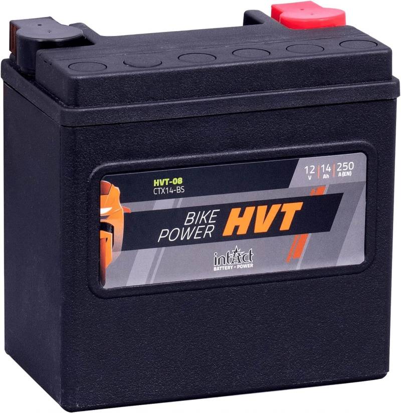 intAct - HVT-08 MOTORRADBATTERIE - Motorrad Batterie perfekt für Harley Davidson & andere hubraumstarke 2-Zylinder. Bike Power HVT-08, YTX14-BS, 65948-00, 12V Batterie, 14 AH, 250 A, 150x87x145mm von Intact