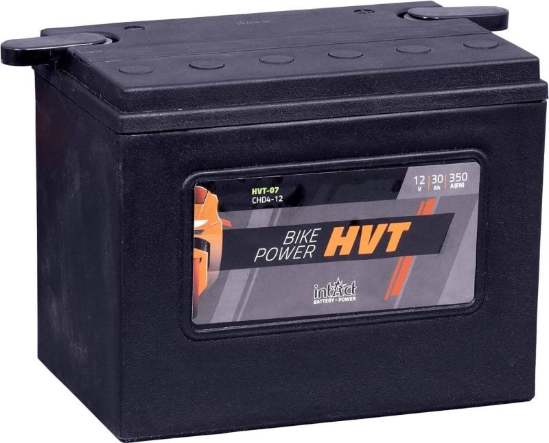 intAct - HVT MOTORRADBATTERIE | Batterie für Motorrad, Rasentraktor. Wartungsfreier & auslaufsicherer Akku. | HVT-07, CHD4-12, 66007-84, 12V Batterie, 30 AH (c20), 350 A (EN) | Maße: 205x130x165mm von Intact