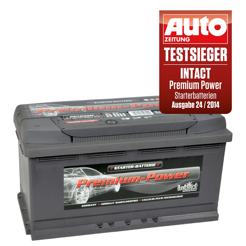 intAct Premium Starterbatterie 12V 100Ah 900A - Autobatterie mit 30% mehr Startleistung und Schnellladetechnik - auslaufsicher und wartungsfrei - Maße (LxBxH): 353x175x190mm, Pluspol rechts von Intact