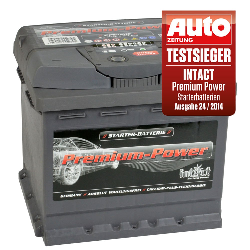 intAct Premium Starterbatterie 12V 50Ah 540A - Autobatterie mit 30% mehr Startleistung und Schnellladetechnik - auslaufsicher und wartungsfrei - Maße (LxBxH): 210x175x190mm, Pluspol rechts von Intact