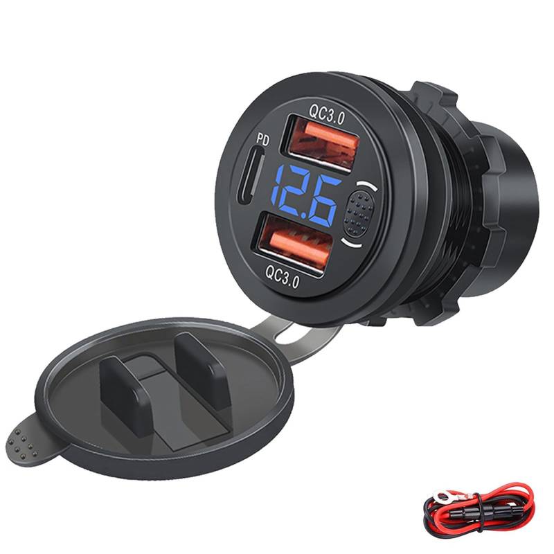 Intckwan 12v USB Steckdose, 66W, PD und QC3.0 Motorrad USB Steckdose Wasserdicht, USB Einbaubuchse mit Schalter und LED Voltmeter, USB Buchse Einbau für 12-24v Kfz Boot LKW Wohnwagen von Intckwan